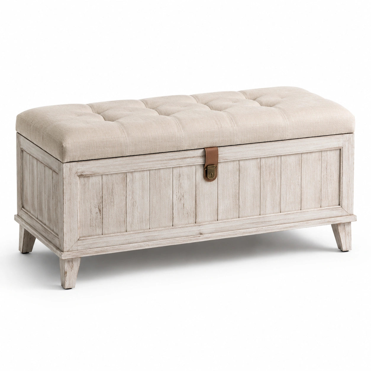Rechteckige Aufbewahrungsbank aus Holz mit Leinenbezug, Beige, 90x40x45 cm