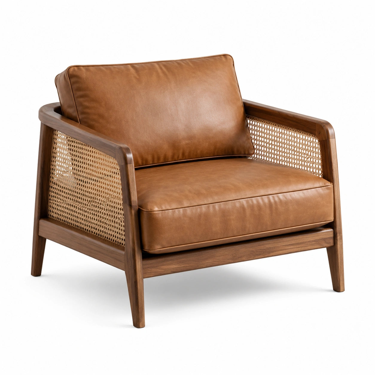 Massivholz Sessel mit PU-Leder und Geflecht, Braun