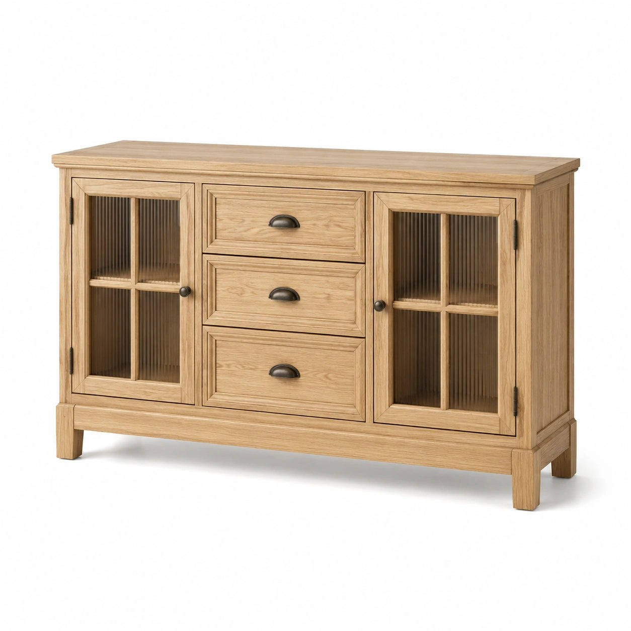 Eichenholz Sideboard mit geriffeltem Glas und 3 Schubladen, Natur, 140cm