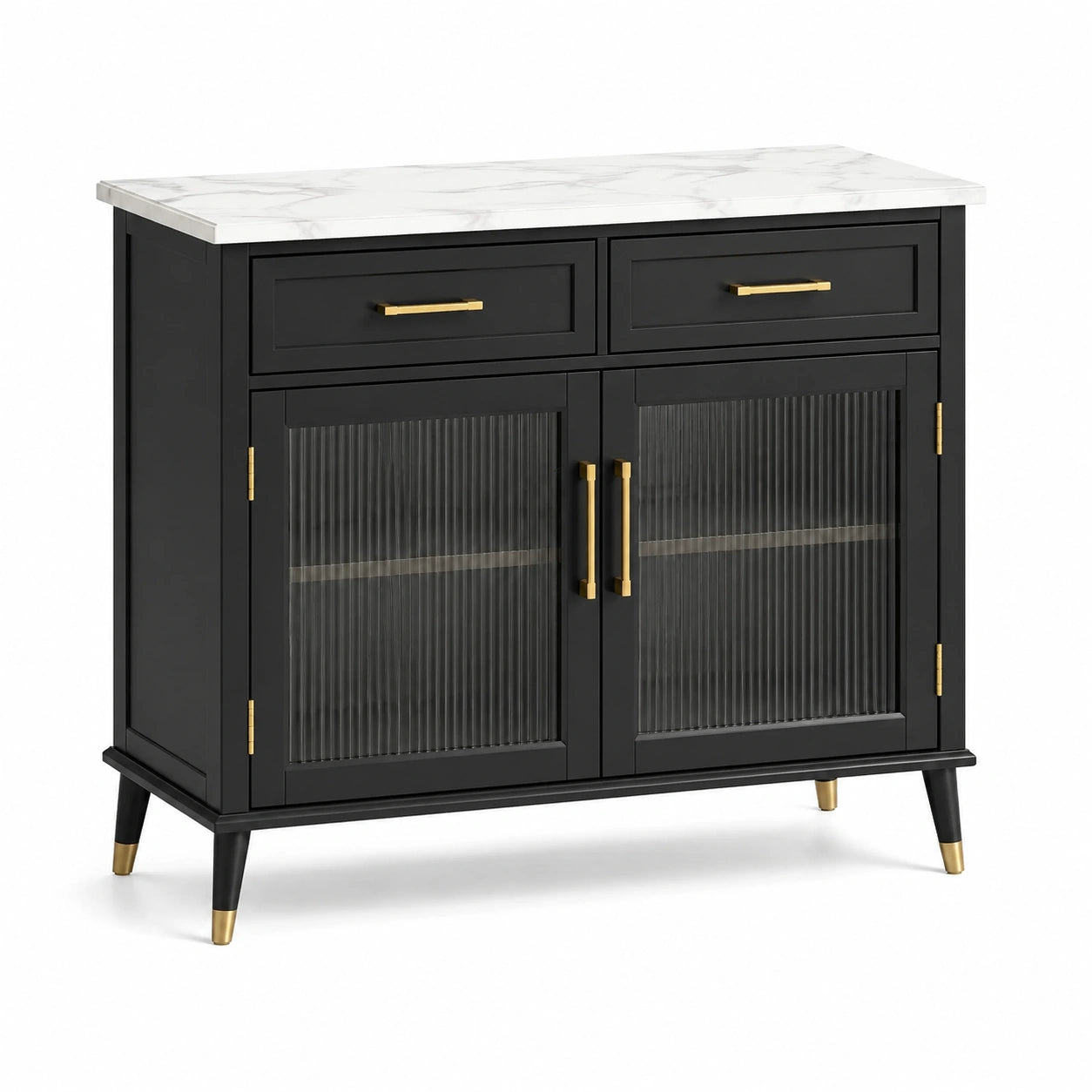 Schwarzes Sideboard mit Glasfronten und Marmoroptik