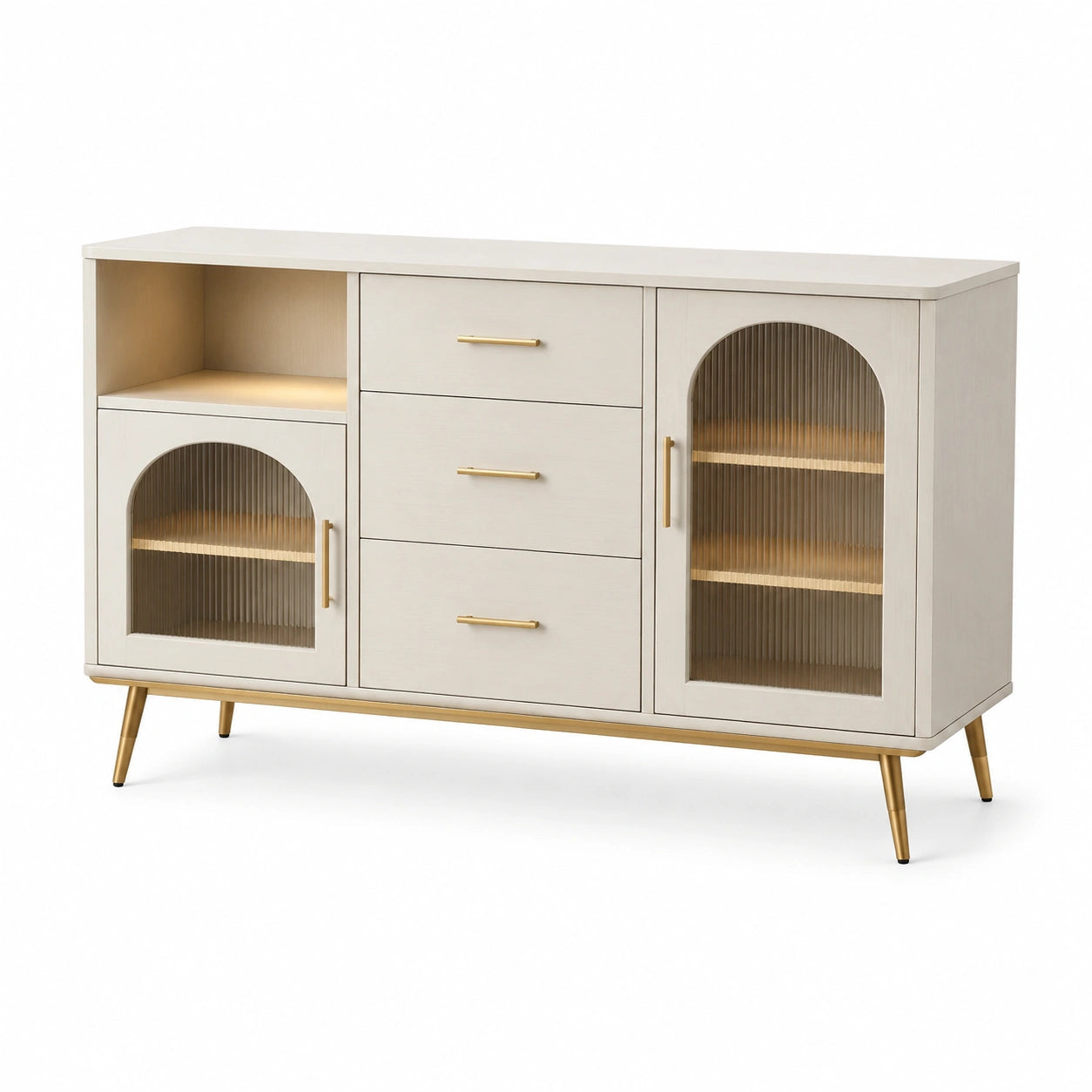 Sideboard aus Holz und geriffeltem Glas, Cremefarben, 120x40x80 cm