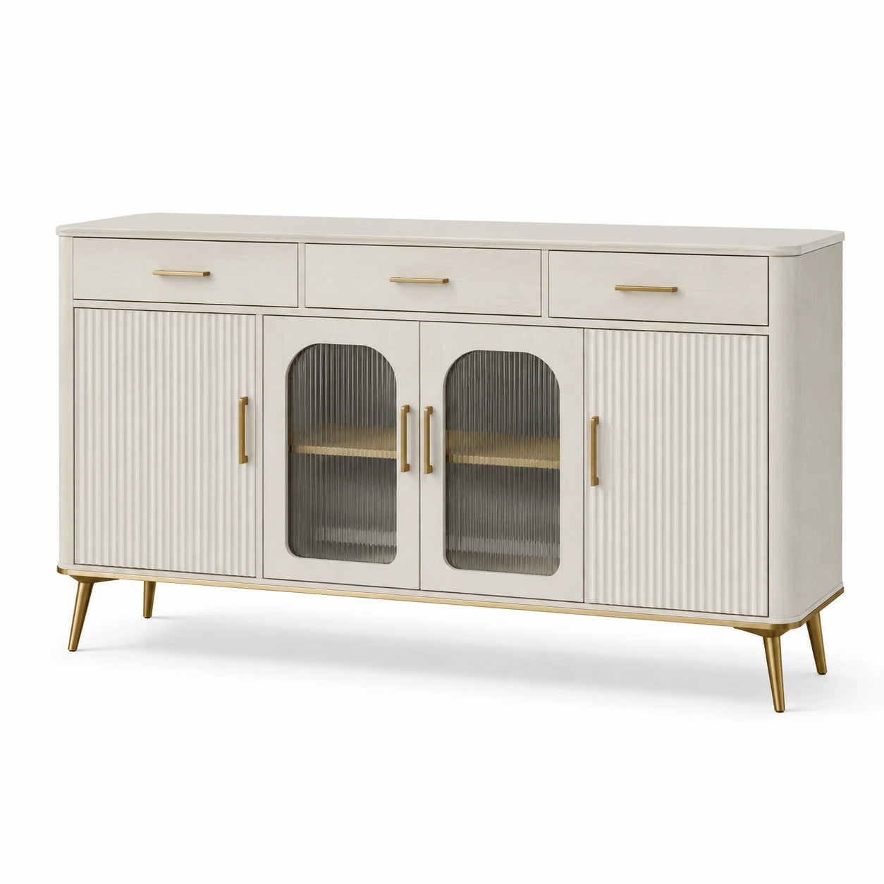 Sideboard aus MDF mit Glasfronten Weiß/Gold 150x40x90 cm