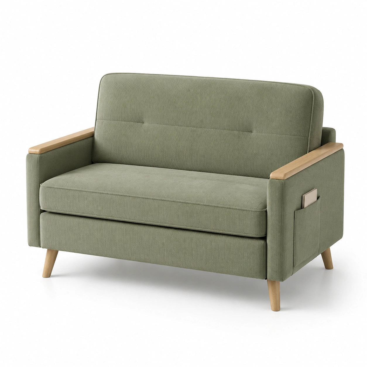 2-Sitzer Sofa mit Eichenholzarmlehnen und grünem Polyesterbezug