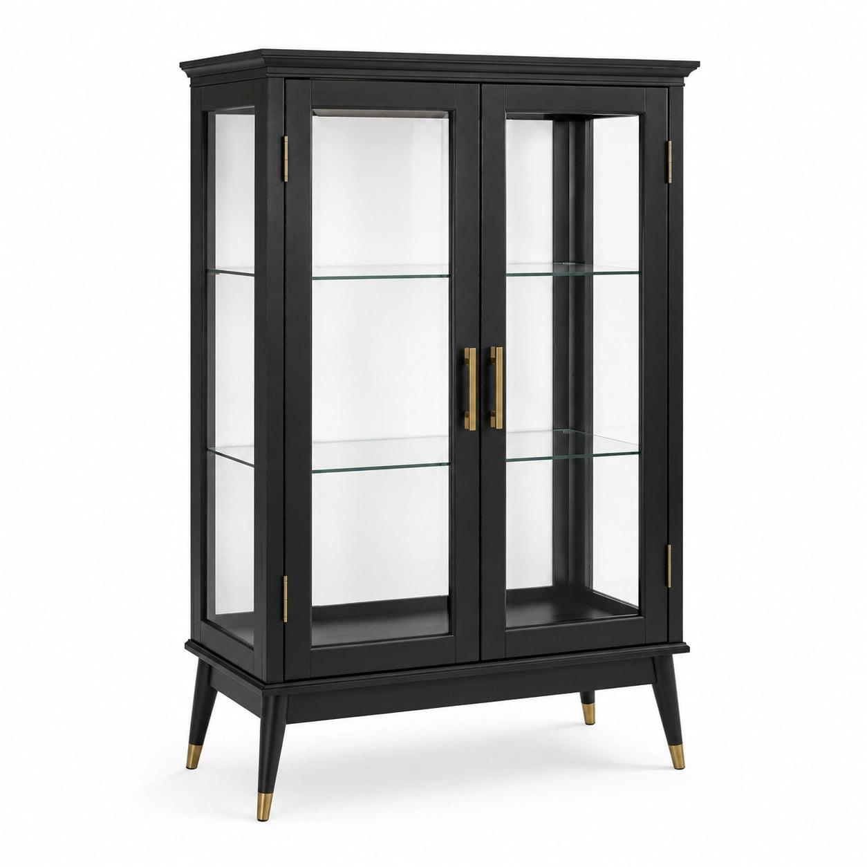 Schwarze Holzvitrine mit gehärteten Glasböden