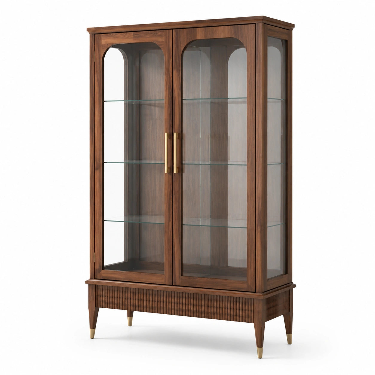 Vitrine aus Walnussholz mit Glasregalen, Messinggriffen