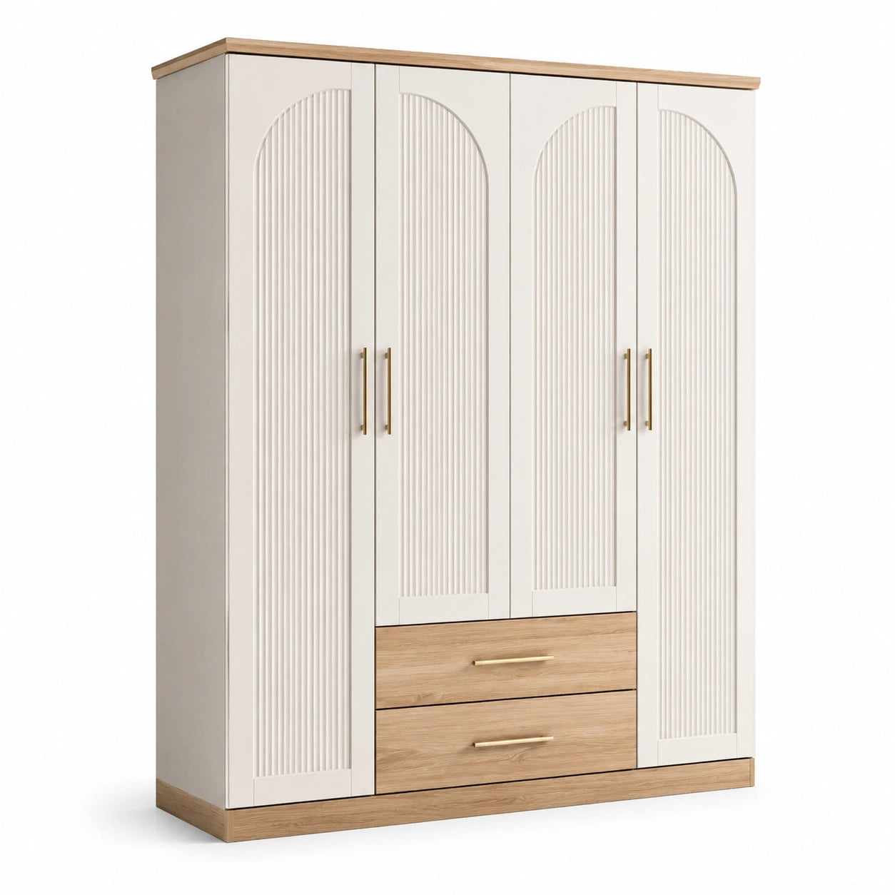 Kleiderschrank mit 4 Türen und 2 Schubladen Holz Weiß/Eiche 200x150x60 cm