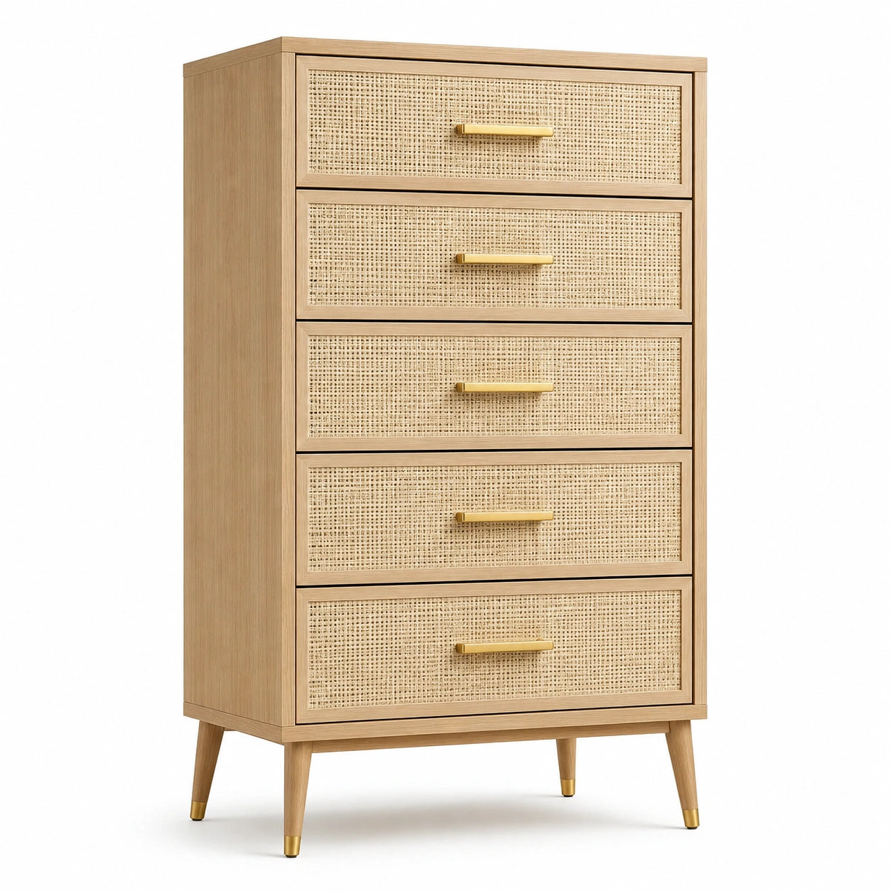 Kommode mit 5 Schubladen aus Eichenholz und Rattan, 120x60x40cm