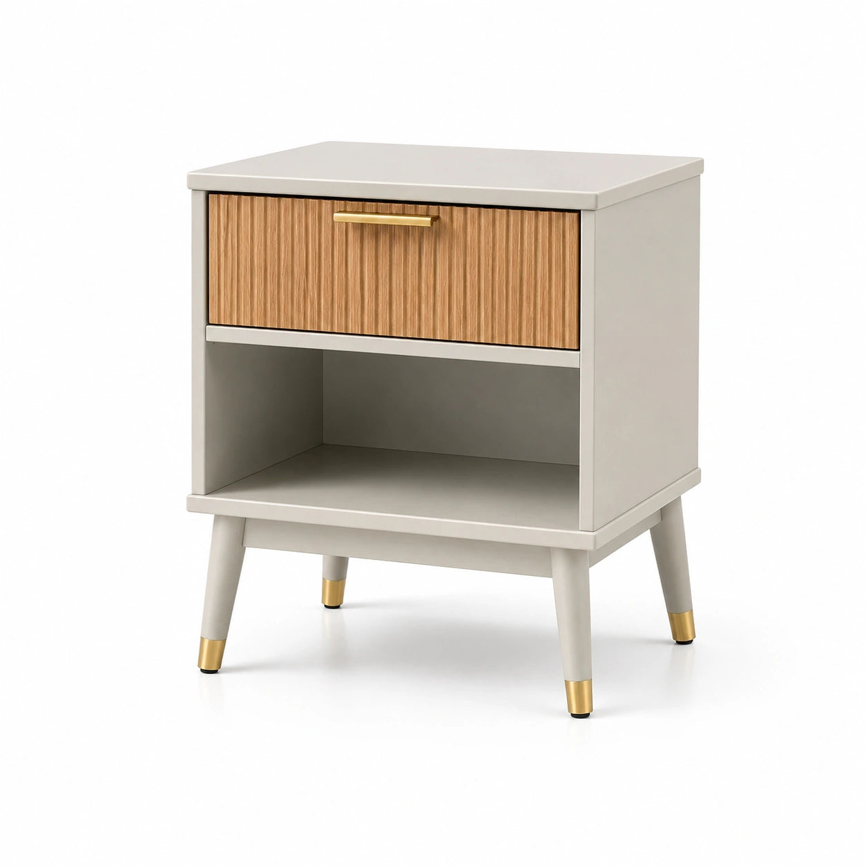 Nachttisch mit Schublade aus MDF und Massivholz, Beige und Naturholz