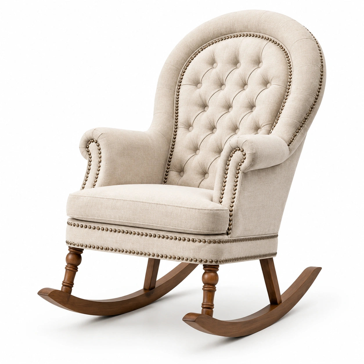 Schaukelstuhl aus Stoff mit Holzrahmen, Beige/Braun